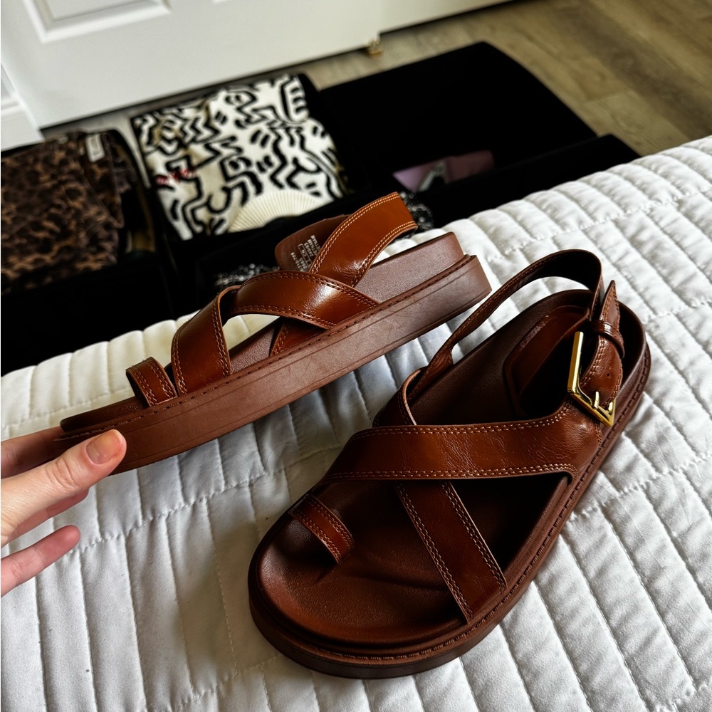 Zara Brown Leather Crisscross Strap Sandals - Picture 3 of 6